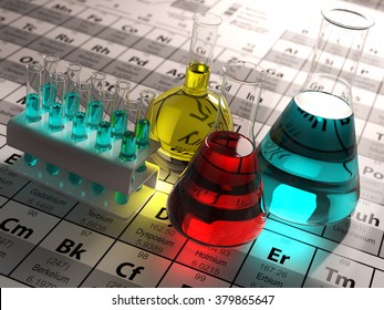 Laboratory Test Tubes And Flasks With Colored Liquids On The Periodic Table Of Elements. Science Chemistry Concept.  3d