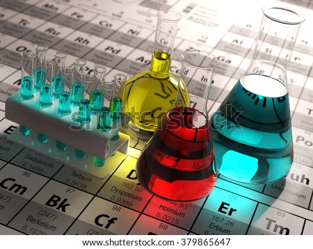 Laboratory test tubes and flasks with colored liquids on the periodic table of elements. Science chemistry concept.  3d