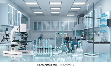 Laboratory workplace interior with blurred background. 3d illustration - Powered by Shutterstock