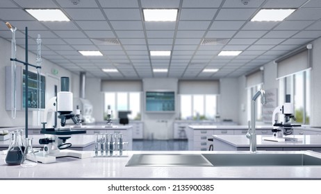 Laboratory workplace interior with blurred background. 3d illustration - Powered by Shutterstock