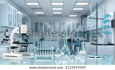 Laboratory workplace interior with blurred background. 3d illustration Foto stock © 