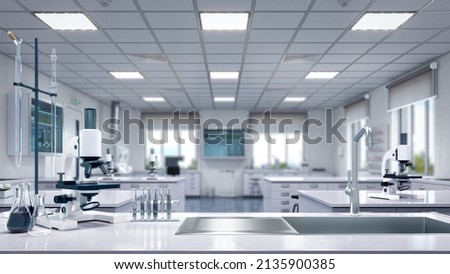 Laboratory workplace interior with blurred background. 3d illustration