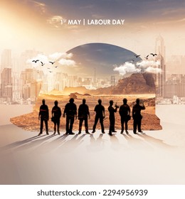 Labour Day 1st day poster design concept with labour cap and cloudy background - Shutterstock ID 2294956939