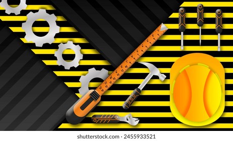 Labour day, workers, engineering illustration with spare parts, measurement tape and safety halmet. Copy space for text. - Powered by Shutterstock