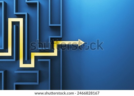 A labyrinth maze with a glowing yellow path on a blue background suggesting a concept of problem solving. 3D Rendering