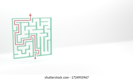 Labyrinth with solution. Maze and arrow with Pastel Palette. 3D render with copy space