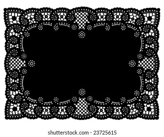 Lace Doily Place Mat. Antique Scalloped Border Design, Vintage Pattern, Black Background For Holidays, Celebrations, Setting Table, Scrapbooks, Cake Decorating, Copy Space. 