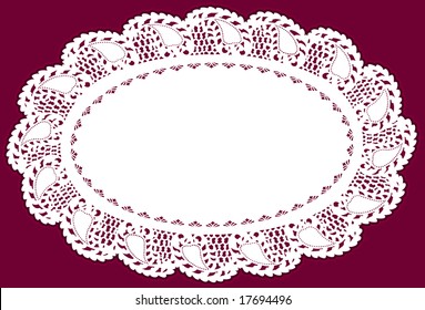 Lace Doily Place Mat, Vintage Leaf Border Design Pattern. Antique Oval Place Setting For Holidays, Decorating, Setting Table, Cake Decorating, Copy Space. 
