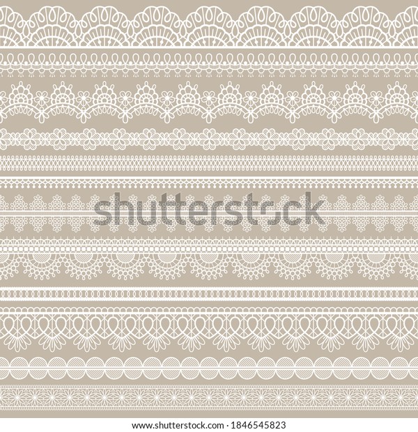 Lace\
seamless border. White cotton lace strips, embroidered decorative\
ornate eyelets pattern, horizontal textile stripe handmade  set.\
Romantic style tracery for doily or\
scrapbook