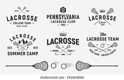 Lacrosse Emblems, Logos, Badges Templates. Set Of 6 Lacrosse Logos And 3 Design Elements.  Lacrosse Stick And Ball Isolated On White Background. 