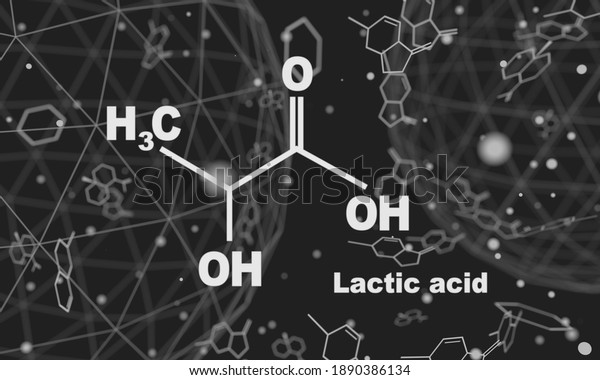 Lactic acid molecule. Structural chemical\
formula. Infographics illustration. Lines and dots connected\
background. 3D\
rendering