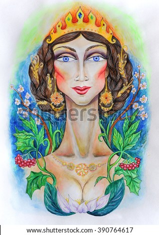 Lada. Watercolor fantasy portrait. Slavic goddess. An analogue of Leda or Lakshmi. Mother of the Gods.