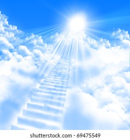 a ladder directed up to blue cloudy skies and sun - Shutterstock ID 69475549
