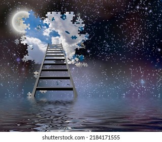 Ladder To Hole In Night Sky Reveals Day Time Skies. 3D Rendering