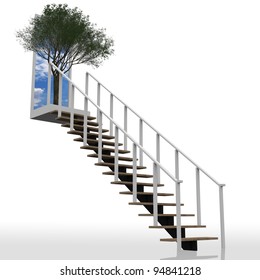 Ladder Leading Up To The Tree And Sky, A Conceptual About Sustainable Business.