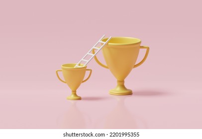 Ladder Leaning From Small Trophy To Bigger One, Challenge To Win Next Award, Chasing Bigger Achievement Concept, 3d Render Illustration.