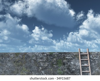 ladder on wall in front of cloudy sky - 3d illustration