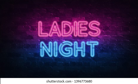 ladies night neon sign. purple and blue glow. neon text. Brick wall lit by neon lamps. Night lighting on the wall. 3d illustration. Trendy Design. light banner, bright advertisement - Powered by Shutterstock