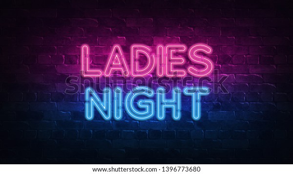 ladies night\
neon sign. purple and blue glow. neon text. Brick wall lit by neon\
lamps. Night lighting on the wall. 3d illustration. Trendy Design.\
light banner, bright\
advertisement