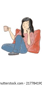 Lady Chatting On Mobile Phone. Sitting Leisurely And Holding A Cup Of Drink. In Water Color Marker Style