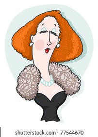 Lady Freehand Illustration; Upper Class Woman Wearing Fur And Pearls Necklace Cartoon