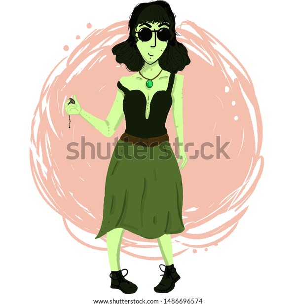 Lady Green Skyn Short Black Hair Stock Illustration 1486696574