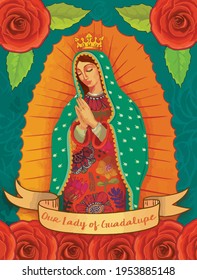 lady of guadalupe mexico saint holy faith illustration roses