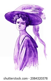 The lady in the hat . Vintage watercolor illustration of a lady in a hat.