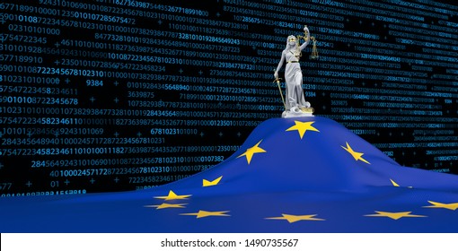 Lady Justice Statue With EU Flag And Data In The Back. 3d Illustration.