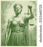 Lady Justice Themis in engraved style graphic illustration with old paper texture