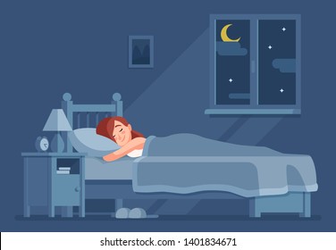 Lady sleeping at night. Woman sleep in bed under duvet. Girl bedroom home interior, bedding sleeping dream relax cartoon  concept - Powered by Shutterstock