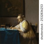 A Lady Writing a Letter (ca. 1665) by Johannes Vermeer. Vintage woman illustration. Vintage woman female person art drawing illustration, old painting art print of woman.