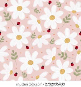 Ladybug with daisy seamless pattern, pink background, floral pattern