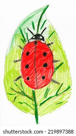 Ladybug On Leaf. Child Drawing.