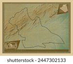 Laghouat, province of Algeria. Colored elevation map with lakes and rivers. Locations of major cities of the region. Corner auxiliary location maps