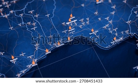 Lagos map big data visualization. Futuristic map infographic of city in Nigeria. Visual map data complexity in modern blue and orange colors. 3D Illustration