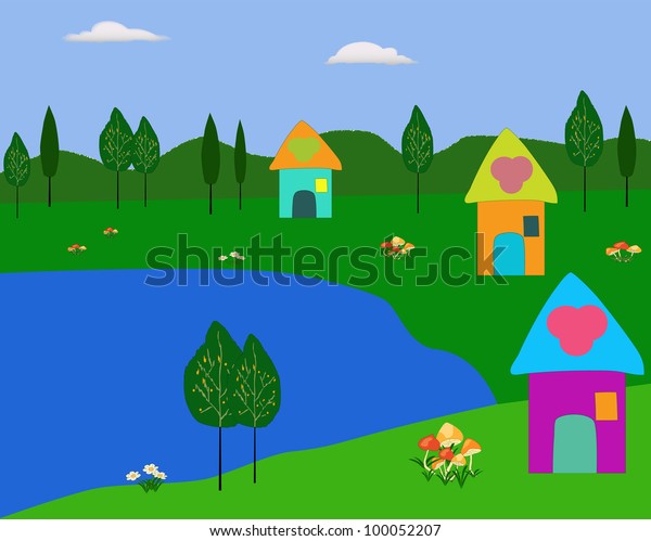 Lake Cartoon House Illustration Stock Illustration 100052207