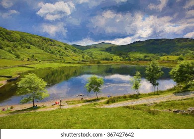 Lake District tarn Watendlath Cumbria England between the Borrowdale and Thirlmere valleys close to Derwent Water illustration like oil painting