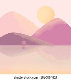 Lake House Sunrise Landscape In Yellow And Pink Colors