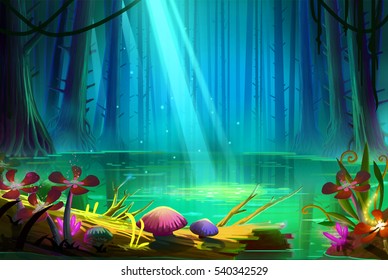 Lake inside the Deep Forest. Video Game's Digital CG Artwork, Concept Illustration, Realistic Cartoon Style Background
