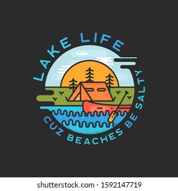 Lake Life Logo Design. Modern Liquid Dynamic Style. Travel Adventure Badge Patch With Quote - Cuz Beaches Be Salty. Funny Camping Insignia Label For Print T-shirt. Stock