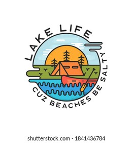 Lake Life Logo Design. Modern Liquid Dynamic Style. Travel Adventure Badge Patch With Quote - Cuz Beaches Be Salty. Funny Camping Insignia Label For Print T-shirt. Stock Isolate