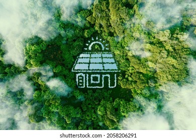 A lake in the shape of a house with solar panels and batteries in the middle of a healthy forest, symbolizing the ecological storage of solar energy in domestic conditions. 3d rendering.