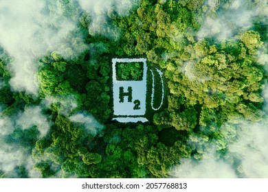 A lake in the shape of a hydrogen filling station used as a concept to illustrate the environmental friendliness of hydrogen and its potential as the fuel of the future. 3d rendering.