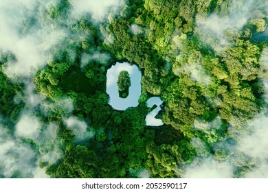 A lake in the shape of oxygen in the middle of a lush forest as a metaphor for the purifying processes of air through nature. 3d rendering.