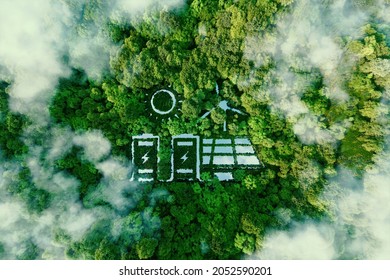 A Lake In The Shape Of A Solar, Wind And Energy Storage System In The Middle Of A Lush Forest As A Metaphor For The Concept Of Clean And Organic Renewable Energy. 3d Rendering.