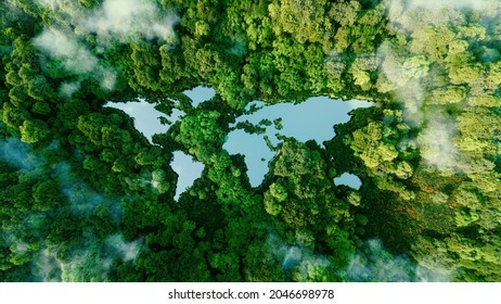 A lake in the shape the world's continents in the middle untouched nature  A metaphor for ecological travel  conservation  climate change  global warming   the fragility nature 3d rendering