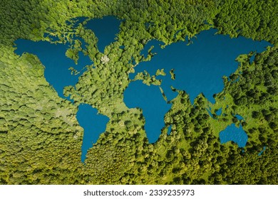 A lake in the shape of the world's continents in the middle of untouched nature. A metaphor for ecological travel, conservation, climate change, global warming and the fragility of nature.3d rendering - Powered by Shutterstock