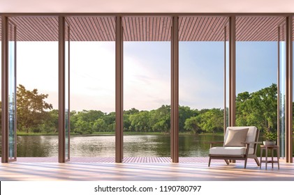 Lake side living room 3d render, The Rooms have wooden floors,furnished with white fabric chair,There are large open window, Overlooks to wooden terrace and lake view.