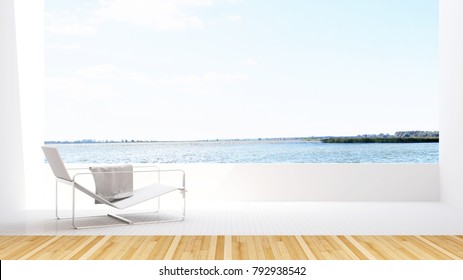 Lake View And Daybed On Terrace In Hotel - Simple Design - Artwork For Summer Season - 3D Rendering